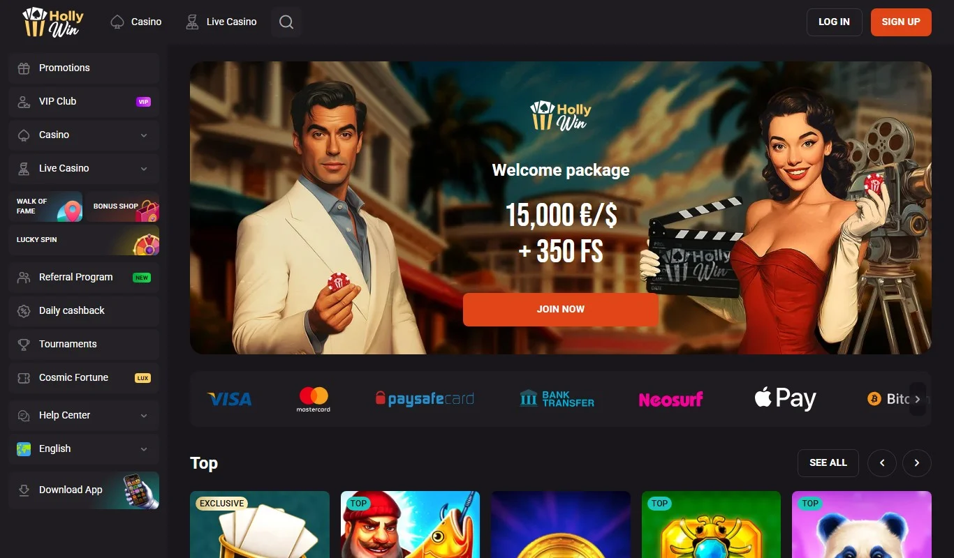 paysafecard casino: la homepage del casinò Hollywin